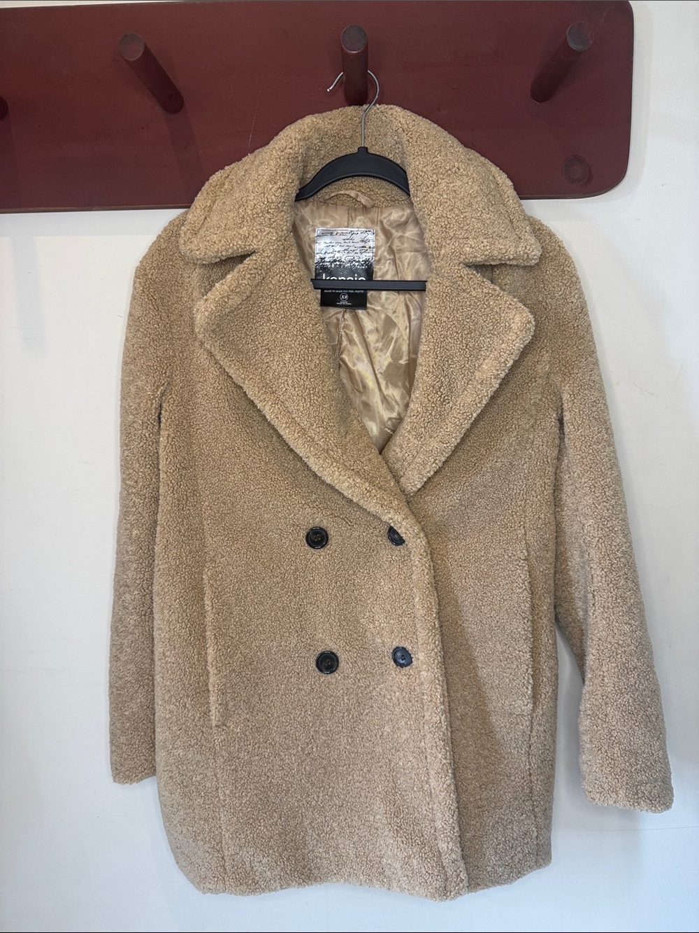 Kensie Women’s Tan Sherpa Double-Breasted Pea Coat